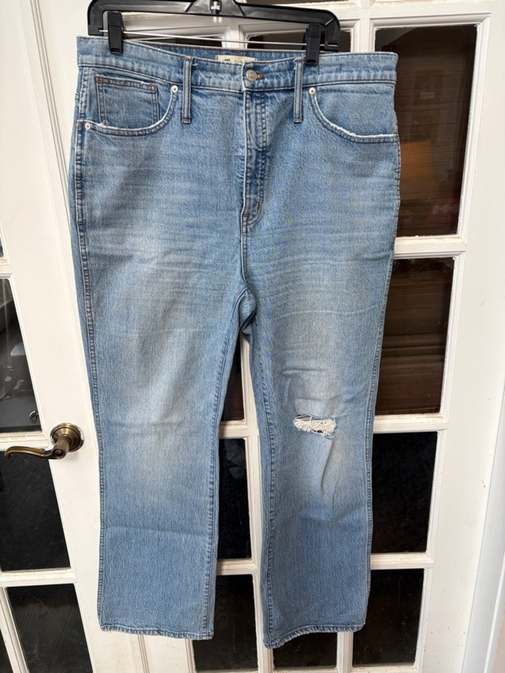 015 Madewell Light Blue High Rise Bootcut Jeans with Knee Distress